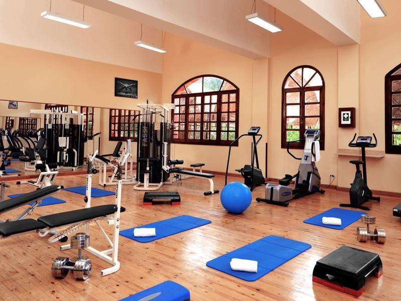 Heller Fitnessraum mit Holzfußboden, Sportgeräten, blauen Matten und großen Fenstern.