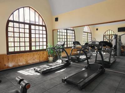Innenraum eines Fitnessraums mit großen Fensterbögen, Laufbändern und Spiegelwand.