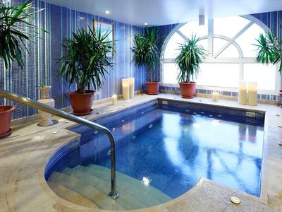 Indoor pool area with potted plants and large window letting in light