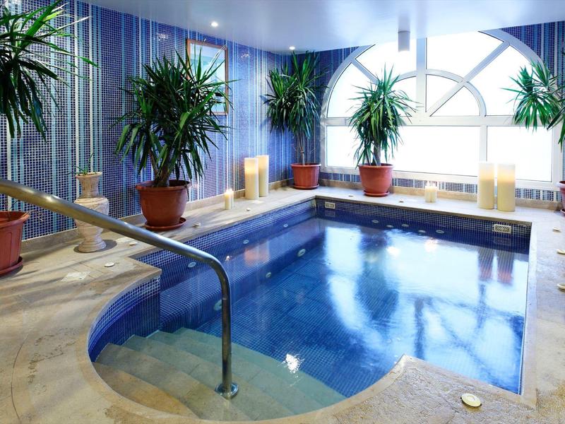 Indoor pool area with potted plants and large window letting in light