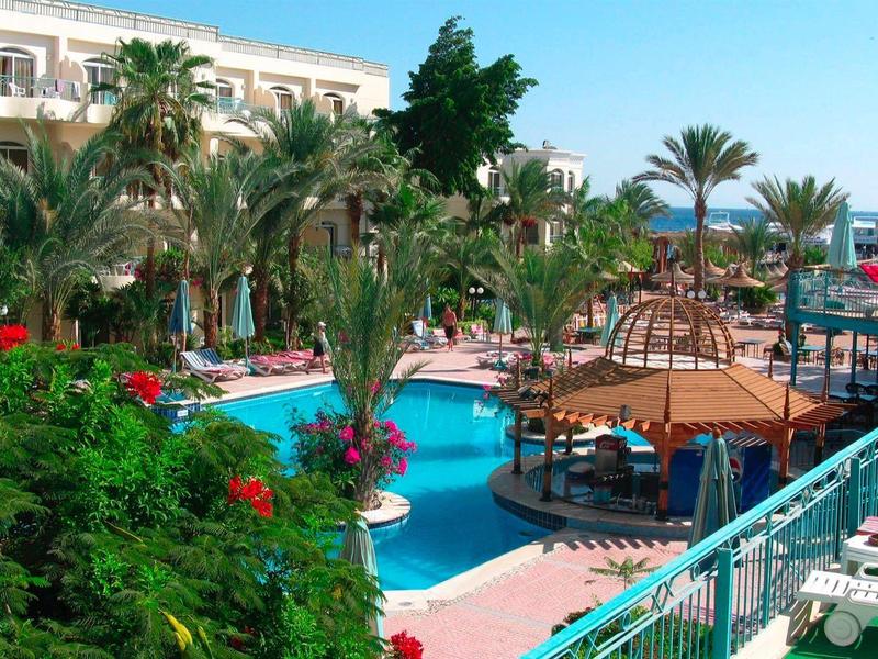 Hotelgarten mit Pool, Palmen und Sonnenterrasse an einem klaren sonnigen Tag.