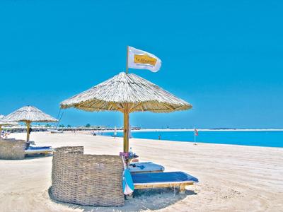 Empty sandy beach with straw sun umbrellas under a blue sky.