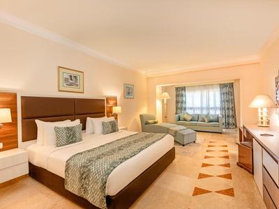 Camera d'hotel spaziosa con letto grande, zona salotto e arredamento caldo e accogliente.