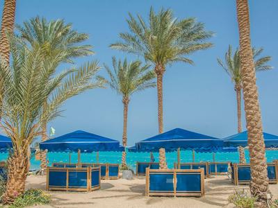 Beach with blue sunshades, lounge chairs, and palm trees under a clear blue sky.