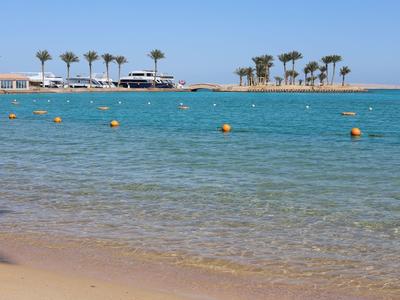 Klares blaues Meer mit Sandstrand und Palmen unter hellem Himmel am Ufer.