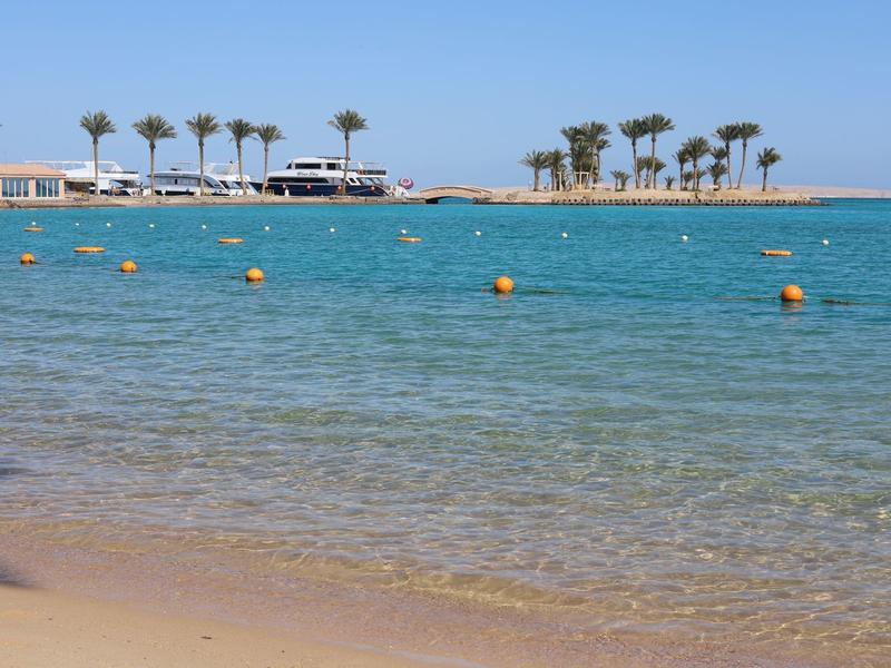 Klares blaues Meer mit Sandstrand und Palmen unter hellem Himmel am Ufer.