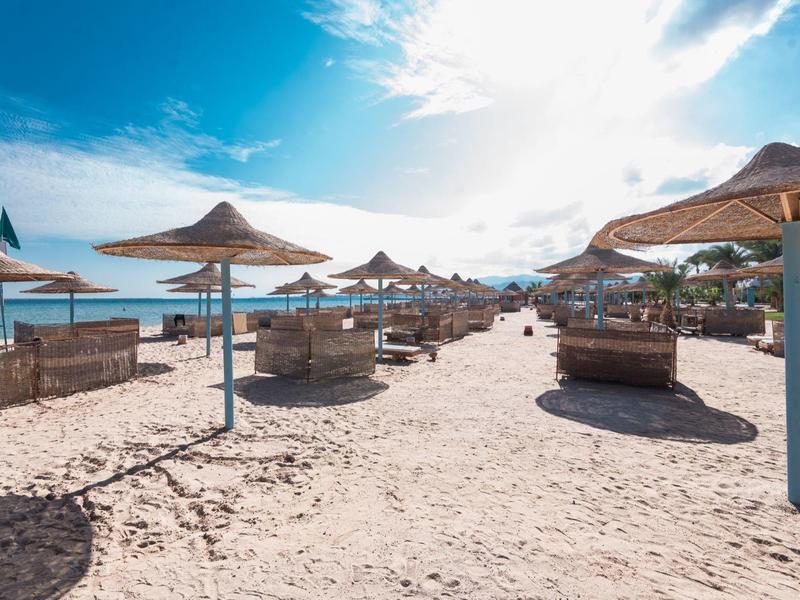 Zandstrand met strooien parasols onder een blauwe lucht bij zee.