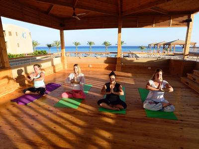 Vier Personen machen Yoga auf bunten Matten in einem offenen Holzpavillon mit Meerblick.