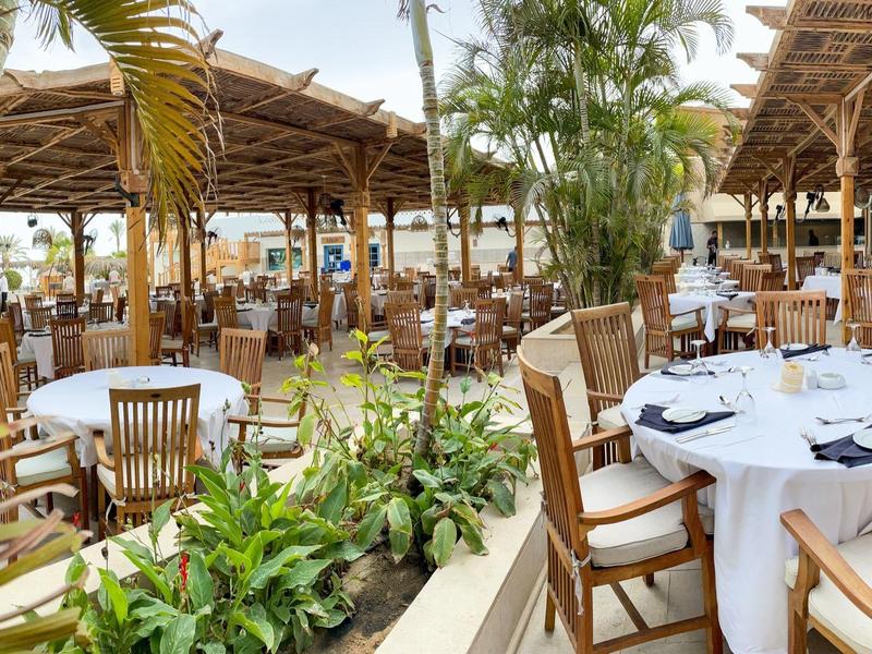 Offenes Restaurant mit Holzdach, weißen Tischdecken und Holzstühlen, umgeben von Pflanzen.