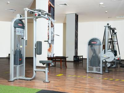 Una palestra moderna con attrezzi da ginnastica su pavimento in legno e tappeto verde.