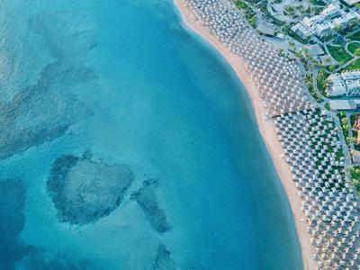 Aerial view of a beach with blue water, sunbeds, umbrellas, and nearby buildings.