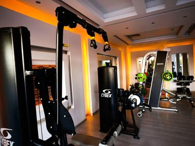 Moderní posilovna s posilovacími stroji a teplým osvětlením v hotelu.