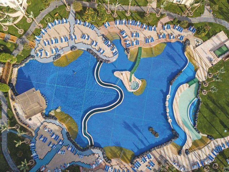 Aerial view of a large, irregularly shaped outdoor swimming pool with lounge chairs and greenery.
