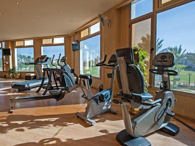 Helles Fitnessstudio mit modernen Geräten und großen Fenstern mit Blick ins Grüne.