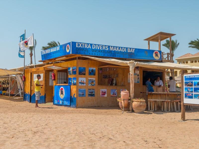 Beachside diving center on sandy shore with clear sky and palm trees.