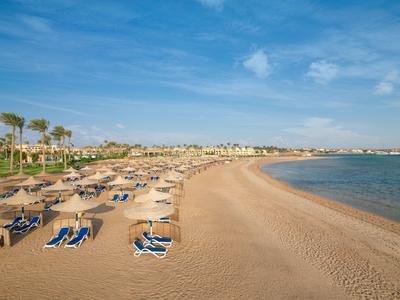 Spiaggia di sabbia con ombrelloni e lettini lungo la costa sotto un cielo sereno.