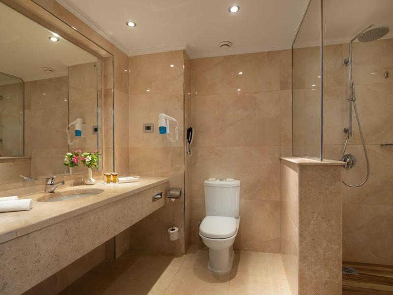 Moderní hotelová koupelna s velkým zrcadlem, umyvadlem, toaletou a sprchou s skleněnou příčkou.