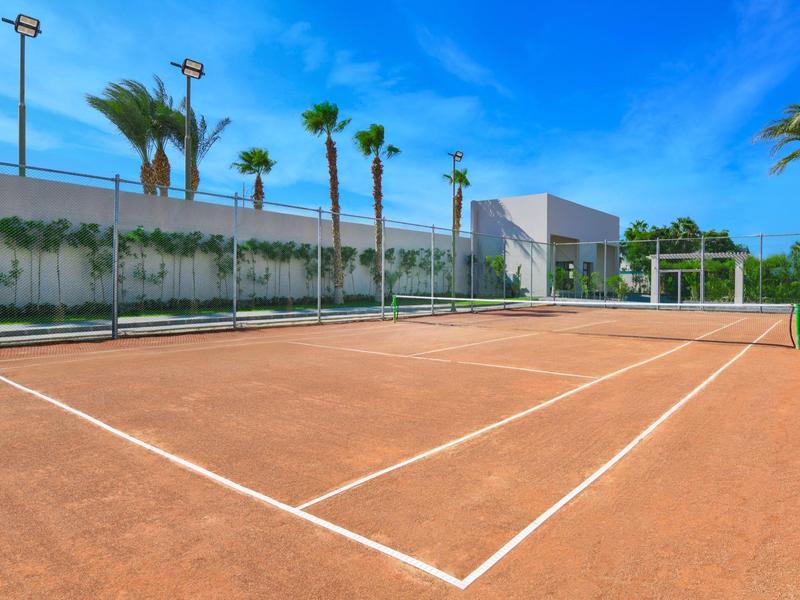 Empty tennis court with clay surface and tall palm trees under a bright blue sky.