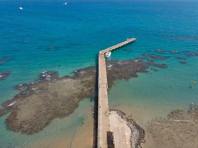 Twee personen peddelen in een kajak op kalm water met palmbomen en strand op de achtergrond.