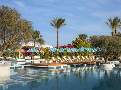 Oblast bazénu s lehátky a barevnými slunečníky u palem pod jasnou oblohou.