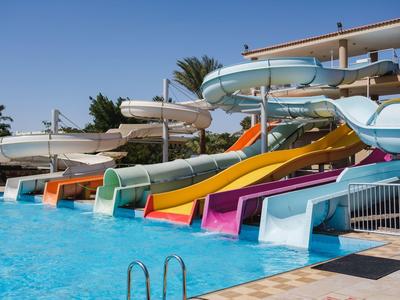 Meerdere kleurrijke glijbanen leiden naar een groot zwembad op een zonnige dag.