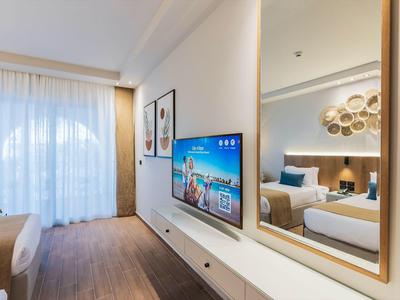 Modern hotelkamer met tweepersoonsbed, flatscreen-tv en grote wandspiegel.