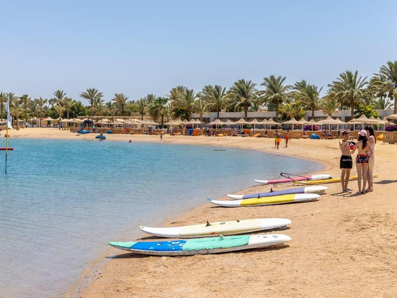 Zandstrand met surfplanken en mensen, palmbomen op de achtergrond en blauw water