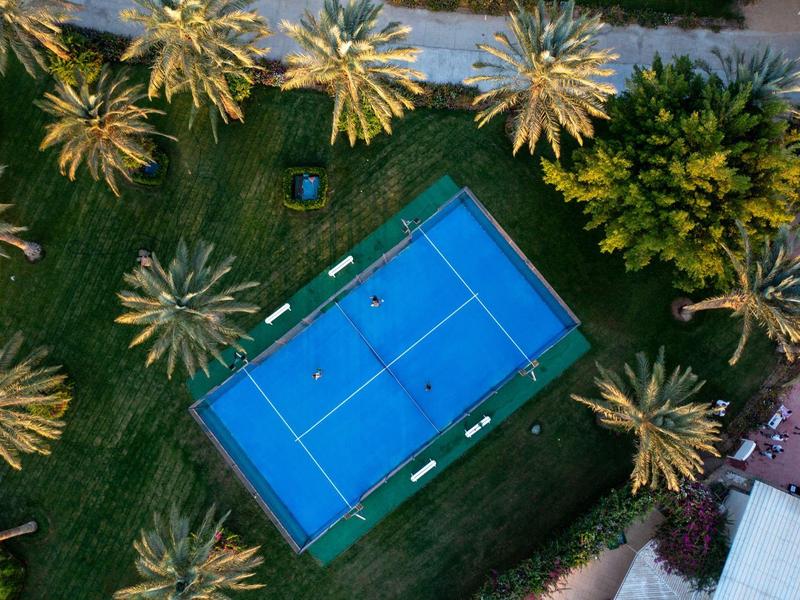 Luchtfoto van een blauw tennisveld omringd door palmbomen en groen.