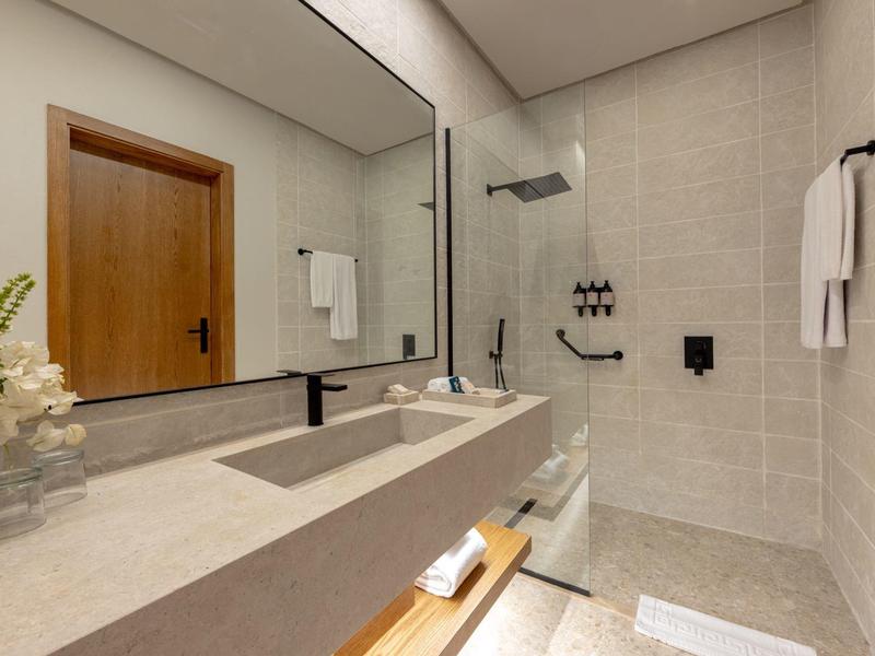 Moderne badkamer met grote spiegel, inloopdouche en houten deur.