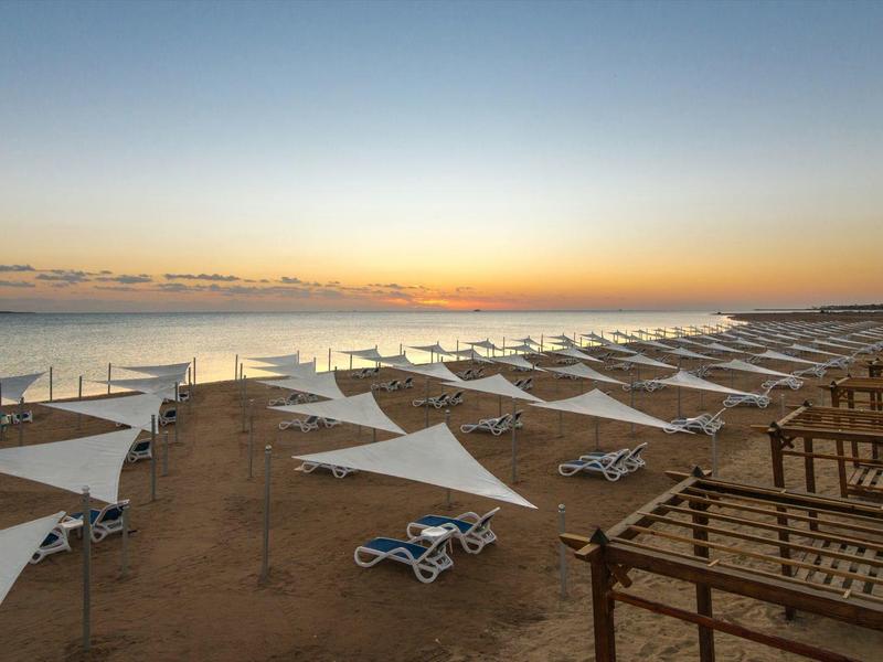 Plaża z rzędami leżaków i białych parasoli o zachodzie słońca