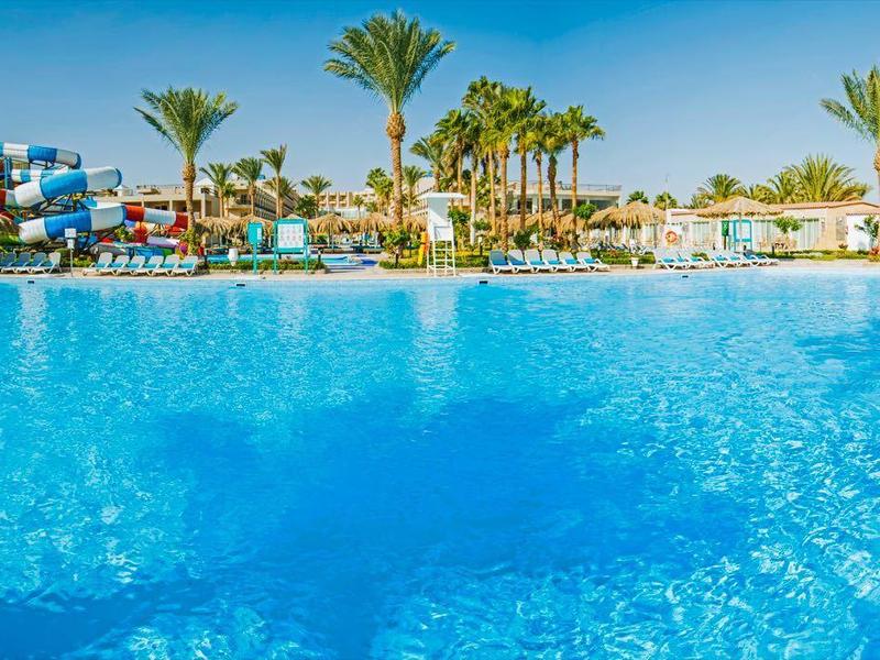 Gran piscina azul con parque acuático y palmeras al fondo bajo el sol