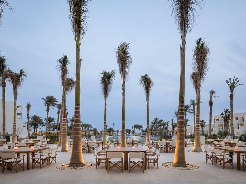 Strandrestaurant mit langen Tischen, Holzstühlen und hohen Palmen bei klarem Himmel.
