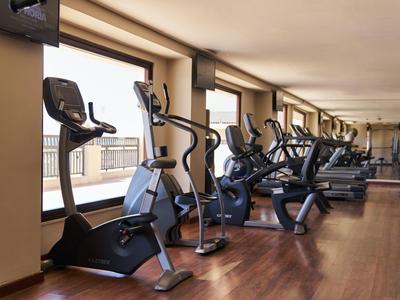 Ein Fitnessstudio mit dunklen Holzboden und mehreren schwarzen Trainingsgeräten an Fenstern.