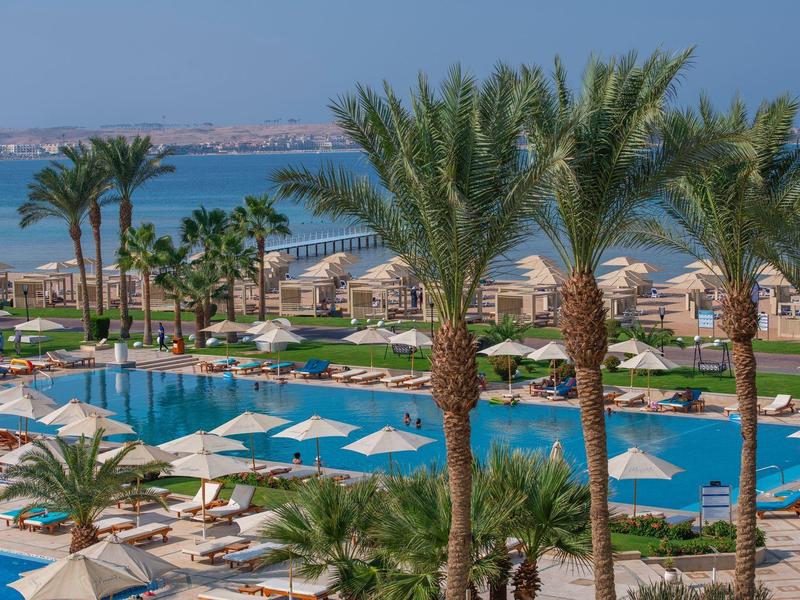 Ein großer Pool umgeben von Palmen und Liegestühlen mit Blick auf das Meer bei klarem Himmel.