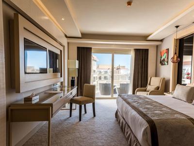 Modernes Hotelzimmer mit Doppelbett, Schreibtisch, Fernseher und Balkon mit Tageslicht.