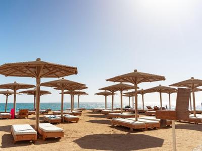 Playa con sombrillas de madera y tumbonas bajo cielo despejado y sol