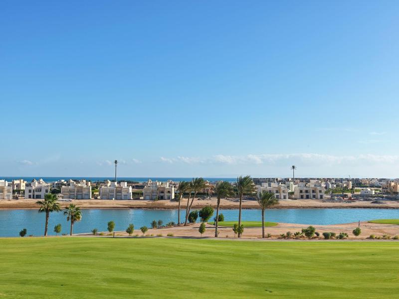 Green lawn with palm trees by a blue water body and white buildings under a clear sky.