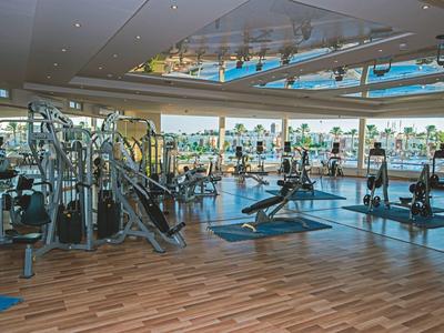 Großer Fitnessraum mit Holzfußboden, vielen Geräten und großen Spiegeln an den Wänden.