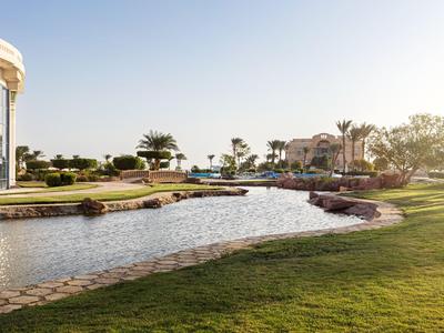 Un estanque tranquilo rodeado de césped y edificios bajo un cielo despejado.