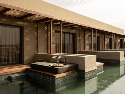 Modern hotel rooms with private pools and wooden decks under a wooden roof.