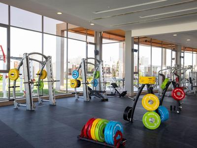 Helles Fitnessstudio mit Fensterfront, bunten Gewichtsscheiben und modernem Trainingsgerät.