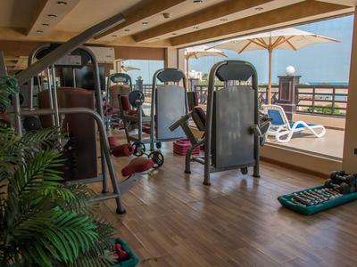 Área de gimnasio abierta con equipo y vista al mar en una terraza de madera.