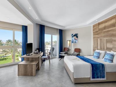 Lichte hotelkamer met kingsize bed, blauwe accenten, bureau en balkon met tuinzicht.