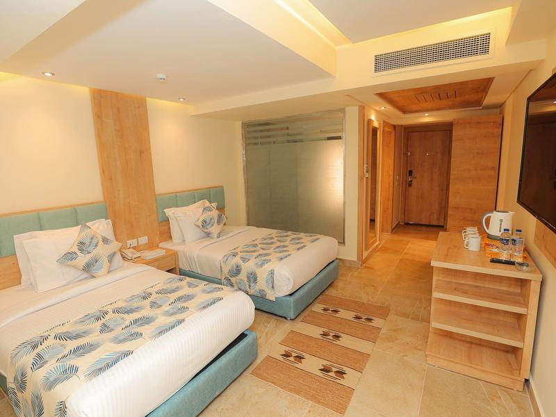 Helles Hotelzimmer mit zwei Einzelbetten, Teppichläufern, Holzmöbeln und Wand-TV.