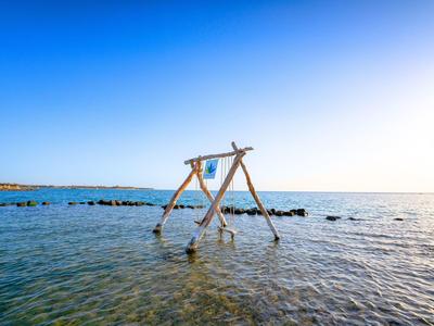 Swing over shallow water with clear sky at the sea