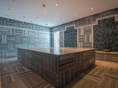 Modern spa room with large wooden hot tub and stylish gray wall design.