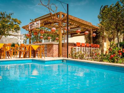 Venkovní bar s dřevěným nábytkem vedle čistého bazénu obklopeného stromy pod slunečnou oblohou.