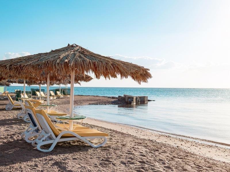 Puste leżaki plażowe pod strzechą nad spokojnym morzem pod czystym niebem.