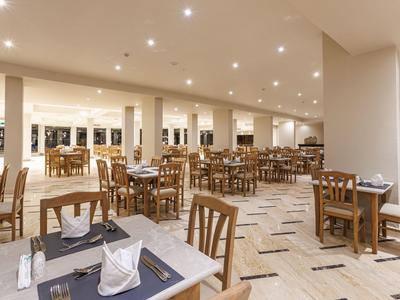 Grote lichte eetzaal met houten tafels en stoelen in een hotel.