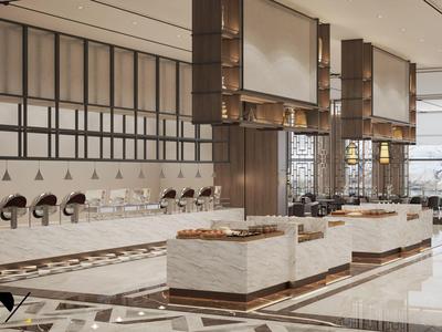 Nowoczesna lobby hotelowa z przestronną recepcją i elegancką marmurową podłogą.